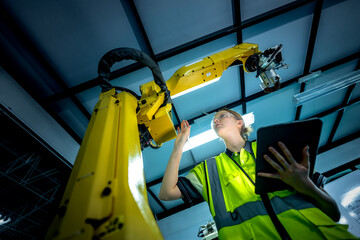 In an Industry 4.0 smart factory, an engineer uses a tablet to run an AI machine vision algorithm on a collaborative robot cobot, optimizing production via a real time digital twin.