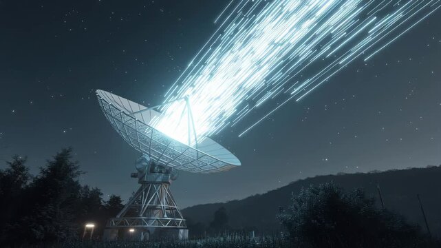 High-Tech Satellite Dish Transmitting Data Signals Against a Starry Night Sky
