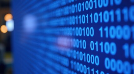 Digital binary code displayed on a blue screen