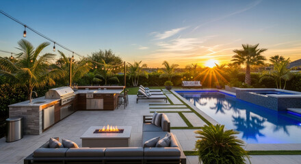 Luxury Outdoor Living Space with Pool and Kitchen at Sunset