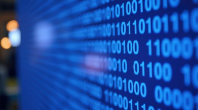 Digital binary code displayed on a blue screen - Powered by Adobe