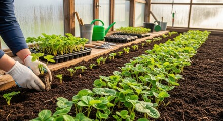 Seasonal transplanting of vibrant strawberry seedlings in a rural greenhouse showcasing expert techniques for healthy root establishment.