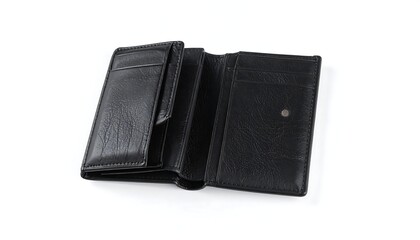 Open black leather trifold wallet, empty, on white background