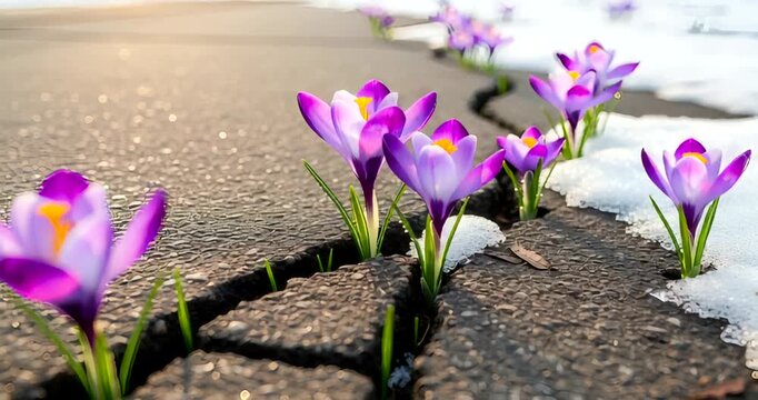 Vibrant purple crocuses blooming through cracks in pavement, snowy background