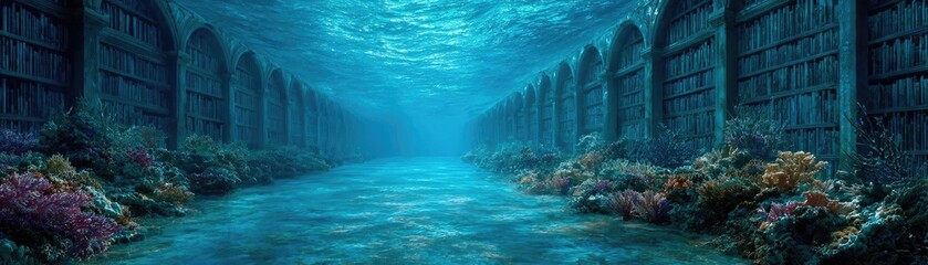 Fantasy underwater library of ocean antiquity concept. Mysterious underwater landscape with vibrant coral and serene water.