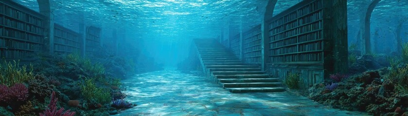 Fantasy underwater library of ocean antiquity concept. Underwater scene showcasing ancient ruins and vibrant marine life.