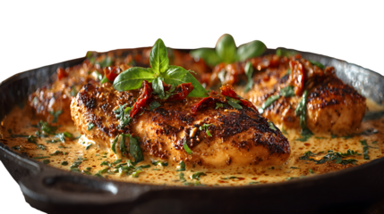 Savory grilled chicken breasts bathed in a rich, creamy sauce with sun dried tomatoes and fresh basil, perfect for gourmet dining inspiration.