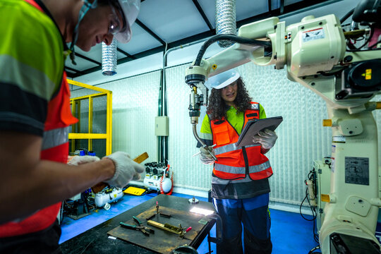 In a smart factory, an engineer uses an augmented reality tablet to guide her partner through a complex repair, overlaying digital instructions on the robot after an AI alert. - Powered by Adobe