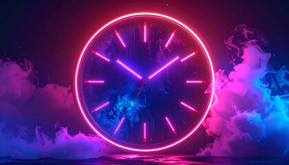 Neon clock with cityscape, surrounded by swirling smoke in vibrant colors