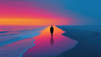 Man walking on beach between two blue seas concept. A solitary figure walking along a serene beach at sunset.