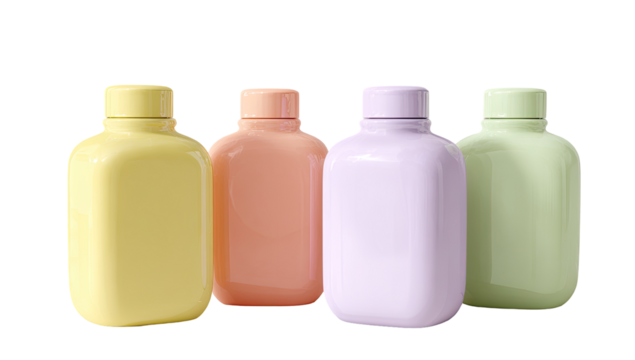 Four pastel-colored rectangular bottles