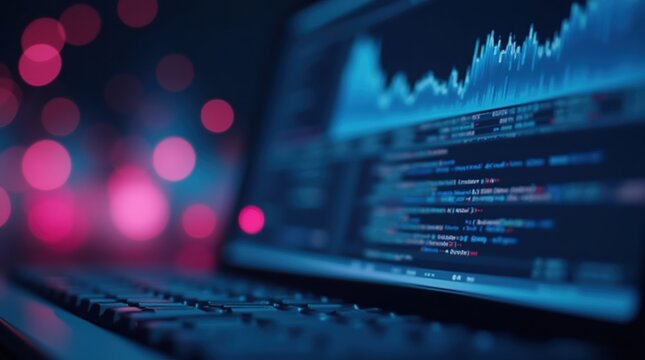 Futuristic digital data analysis and coding on a glowing screen