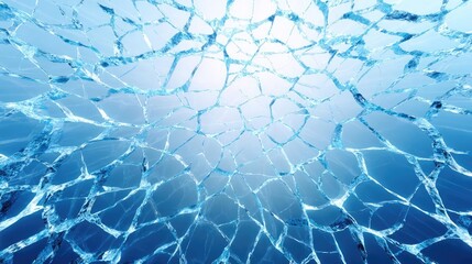 Broken glass on white background texture concept. A close-up view of intricate water patterns under bright blue light.