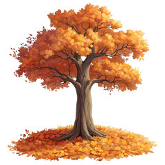 autumn oak tree isolated surrounded by leaves on ground  trunk brown orange yellow seasonal fall season change