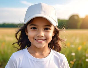 Smiling young girl in a field, wearing a white cap
