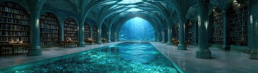 Fantasy underwater library of ocean antiquity concept. A mystical underwater library with enchanting lighting and ambiance.