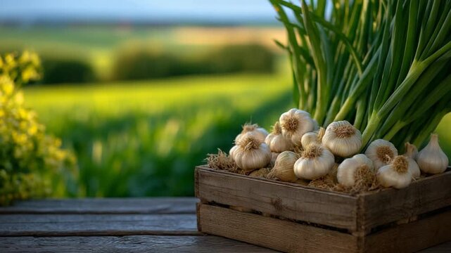A picturesque farm scene with garlic bulbs spilling from a crate on a weathered table, set against a softly blurred green field in warm morning light.