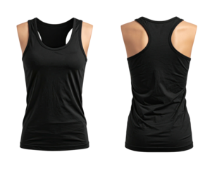 Front and back view of a black athletic tank top against a stark black background