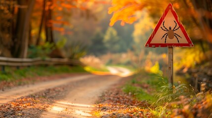Beware of Ticks triangle warning red sign, risk of Encephalitis Virus or Lyme Borreliosis disease. Autumn outdoor background. Insurance case brochure template.