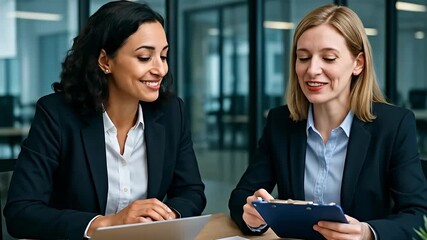 Smiling diverse businesswomen collaborating on a project in a modern office, reviewing documents and discussing ideas with positive interaction. - Powered by Adobe