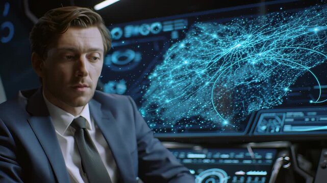 Man Interacting with Futuristic Digital Dashboard Interface in Modern Vehicle