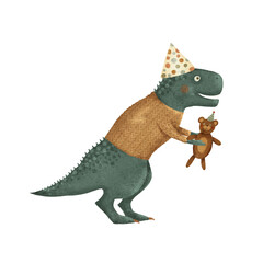 An Adorable Cute Dinosaur Happily Celebrating with a Colorful Teddy Bear at a Fun Party
