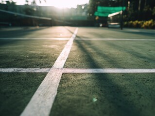 Obraz premium Sun-drenched tennis court's center, showing worn green surface, white lines intersecting, shallow depth of field, with blurred background of greenery and a net