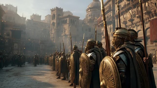 Roman soldiers in formation with spears and shields stand in ancient city. Legionaries ready for military parade. Armor and discipline define roman warriors serving empire tradition.