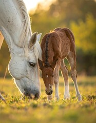 Mother horse and foal graze in golden light