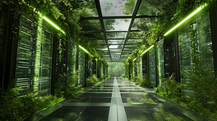 Lush Solarpunk Data Center with Server Racks Wrapped in Living Green Walls