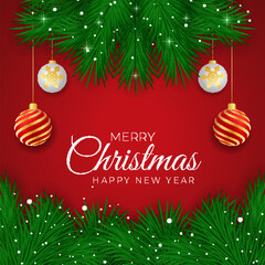 Cute christmas red background with realistic christmas elegant decoration