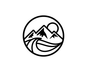 Mountain range with sun and wave in circular frame