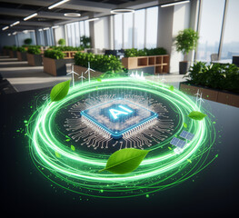 Futuristic Green-Tech Office with Floating Wind Turbines and Glowing AI Chip