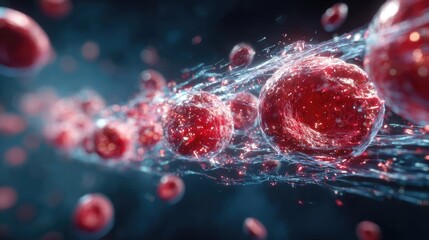 Thrombus obstructing red blood cells stream in artery concept. Abstract close-up of red blood cells in motion through plasma.