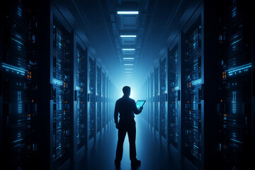 Professionnel examinant tablette serveurs