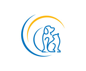 Simple line art of a dog and cat in a circle frame