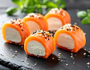 Smoked salmon and cream cheese sushi rolls on dark slate