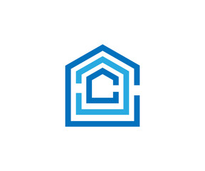 Blue house outline logo with a letter c inside it