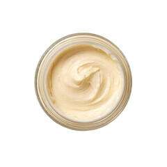 Creamy, light-yellow face/body moisturizer in a clear jar