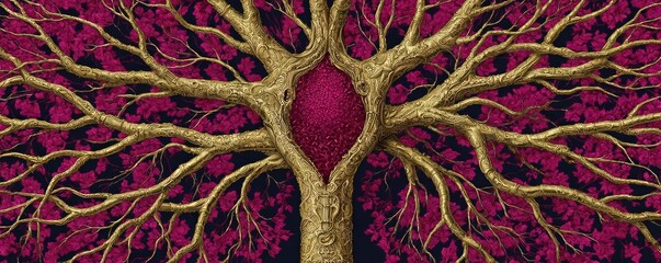Plaque buildup causing blocked vein or artery concept. A vibrant tree illustration with intricate branches and rich colors.