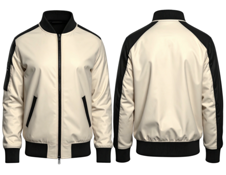 Beige & black two-tone bomber jacket front & back view, ribbing collar, cuffs and hem