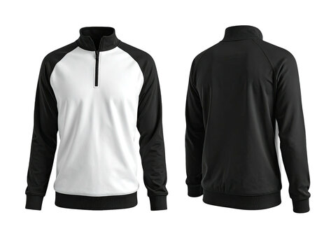 A two-sided product shot shows a black and white quarter-zip athletic top