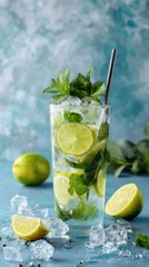 Fototapeta premium Tall glass of refreshing iced beverage with lime slices, mint sprigs, and ice cubes scattered on a textured blue surface