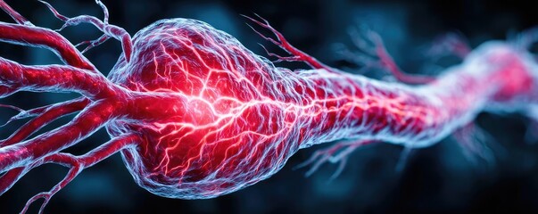 Plaque buildup causing blocked vein or artery concept. Close-up view of a glowing blood vessel with red hues.