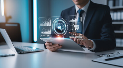 Homme d’affaires avec tablette et icônes IA