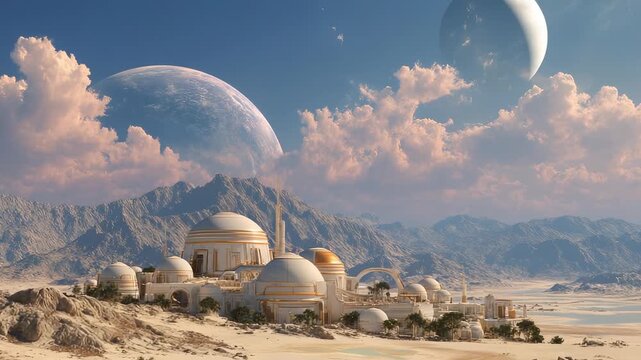 Futuristic city spreads under moon. Spaceship hub shows rocket technology progress. Astronaut explores future science. Rocket base, rocket city, spacecraft station mark future astronaut journey