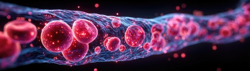 Thrombus obstructing red blood cells stream in artery concept. Abstract visualization of red blood cells in a flowing stream.