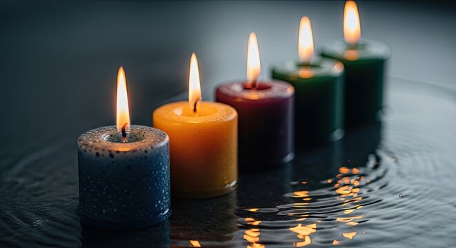 Group of burning candles on a dark background reflected in water