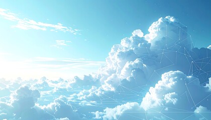 High-angle view of fluffy clouds, light blue sky,  and connecting lines