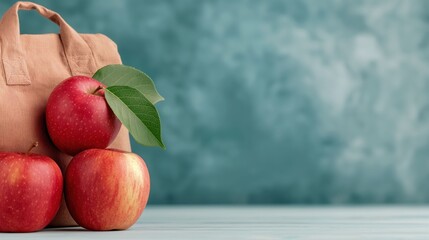 Red apples near by school bag on green background with copy space.